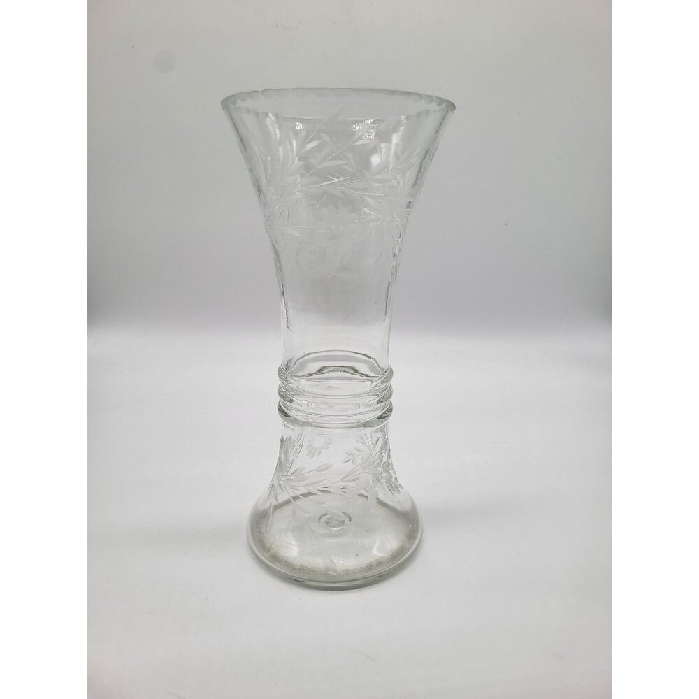 Clear Etched Glass Vase Floral Etched Art Deco Flare Vintage Flare Funnel